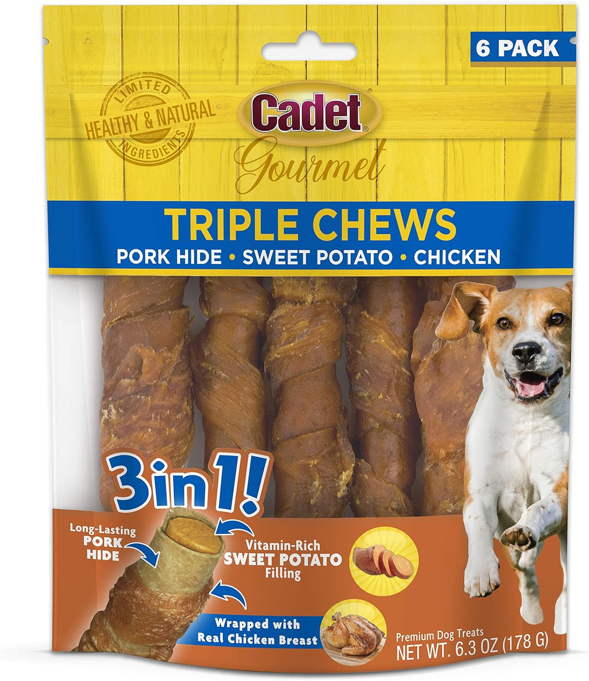 Cadet Gourmet Triple Chews Long-Lasting Pork Hide Sticks with Sweet Potato and Chicken, Healthy Dog Treats for Small & Large Dogs
