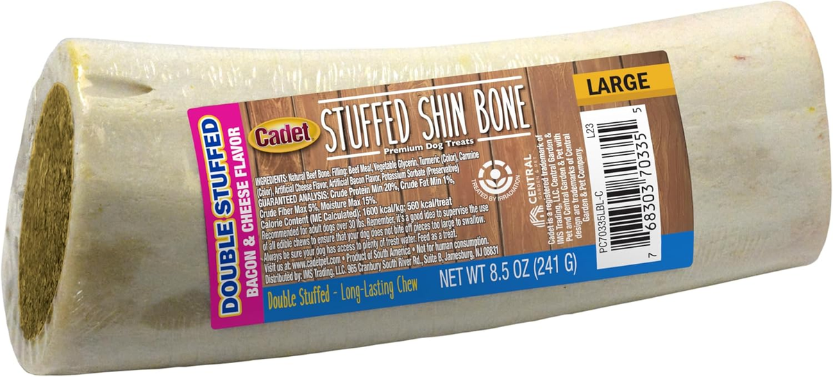 Cadet Double Stuffed Shin Bone - Highly Digestible, High Protein, Long-Lasting Dog Chew Bone for Aggressive Chewers, Supports Dental Health, - Bacon & Cheese Flavor