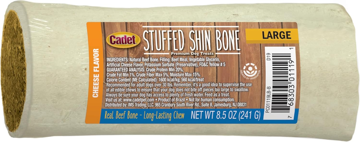 Cadet Stuffed Shin Bone - Highly Digestible, High Protein, Long-Lasting Dog Chew Bone for Aggressive Chewers, Supports Dental Health, - Cheese Flavor