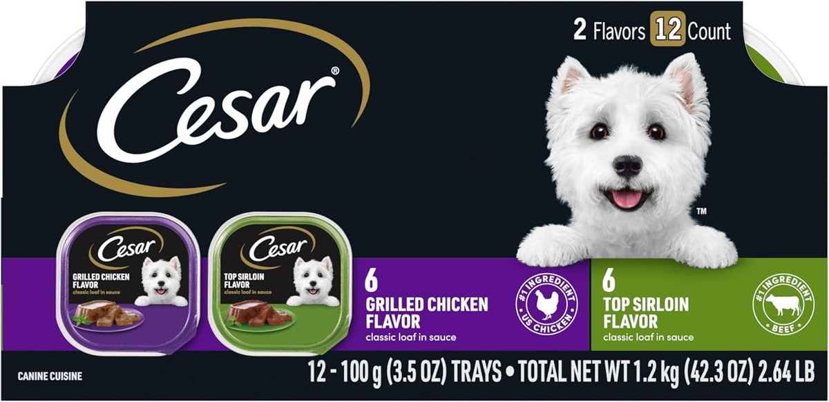 CESAR Wet Dog Food Classic Loaf in Sauce Top Sirloin & Grilled Chicken Flavors Variety Pack, Easy Peel Trays