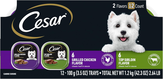 CESAR Wet Dog Food Classic Loaf in Sauce Top Sirloin & Grilled Chicken Flavors Variety Pack, Easy Peel Trays