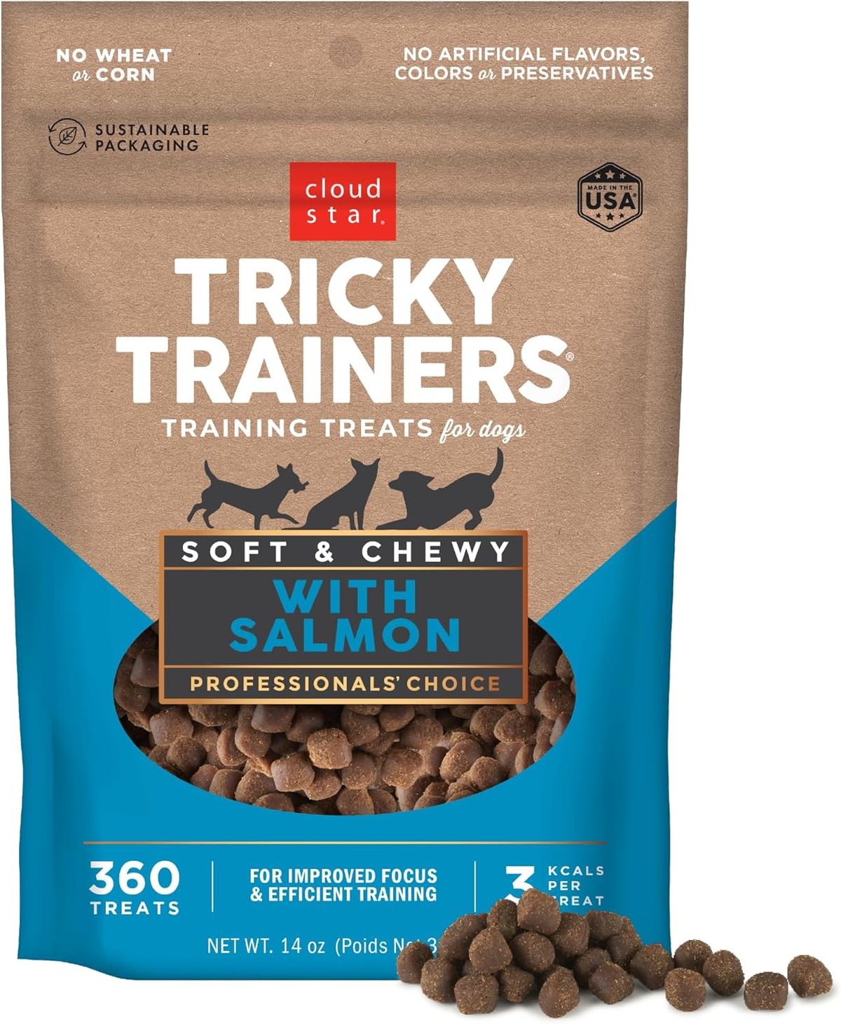 Cloud Star Tricky Trainers Soft & Chewy Dog Training Treats Pouch, Salmon Flavor, Low Calorie Behavior Aid with 360 Treats