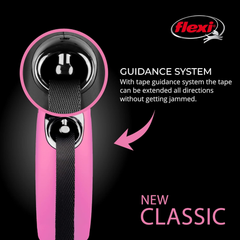 FLEXI New Classic Tape Retractable Dog Leash for Medium Dogs Upto 55 lbs. – 16 ft., Pink | Tangle Free Pet Walking Leash with One-Handed Brake, Pause, Lock | German Quality Product