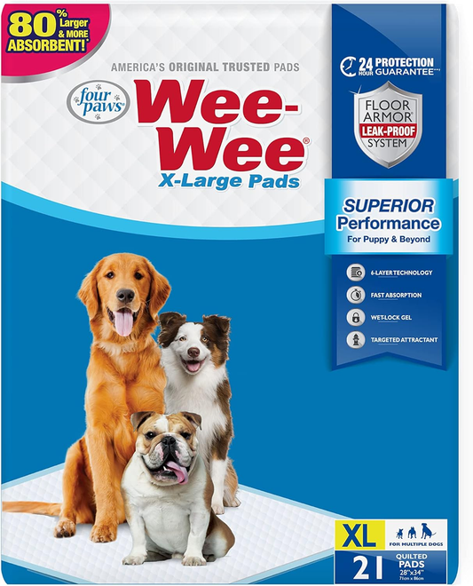 Four Paws Wee-Wee Superior Performance Unscented Extra-Large Pee Pads for Dogs & Puppies, Quilted Leak-Proof Dog Housebreaking Potty Training Floor Protection