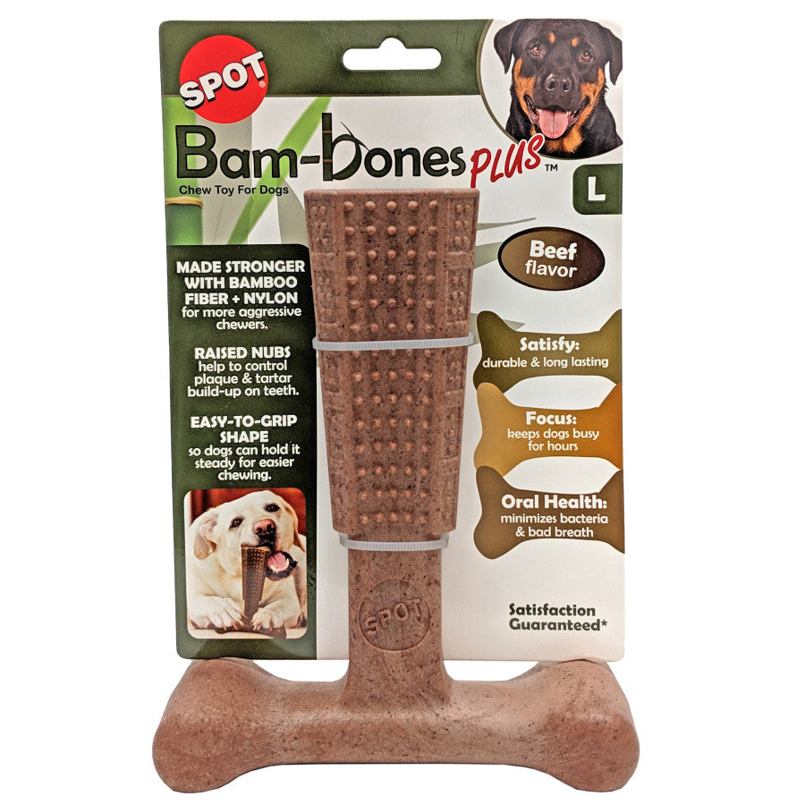 SPOT Bam-Bones Plus T Bone - Bamboo Fiber & Nylon, Durable Long Lasting Dog Chew for Aggressive Chewers – Great Toy for Adult Dogs & Teething Puppies Under 30lbs, Non-Splintering, Beef Flavor