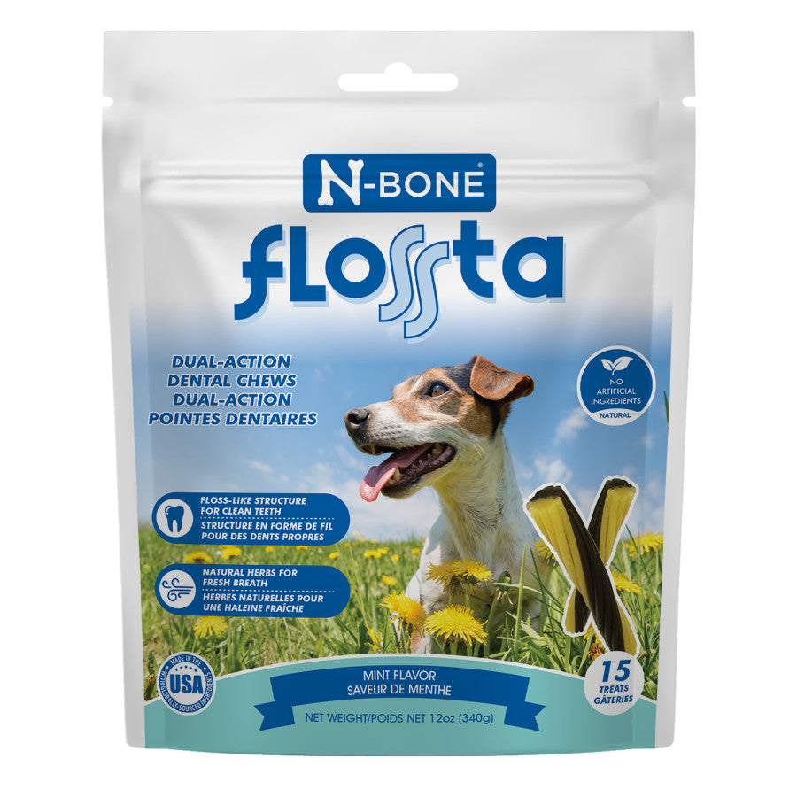 N-Bone FLOSSta Dental Chews for Dogs – Mint Flavor, No Dyes, Grain-Free, Breath Freshening, Plaque & Tartar Control, Digestible Teething Aid