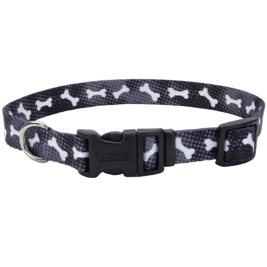 Coastal Pet Styles Adjustable Dog Collar - Stylish Patterned Fabrics - Snap-Lock Buckle - Adjustable Dog Collar - for Small, Medium or Large Dogs - Black Bones
